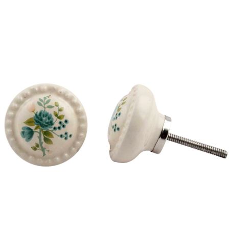 Cream Blue Floral Ceramic Knob